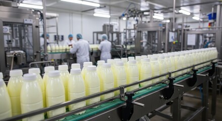 Milk bottles on conveyor belt