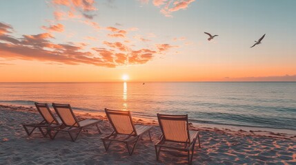 Serene sunset at the beach with empty chairs and birds flying above. Relax and unwind by the calming ocean waves.