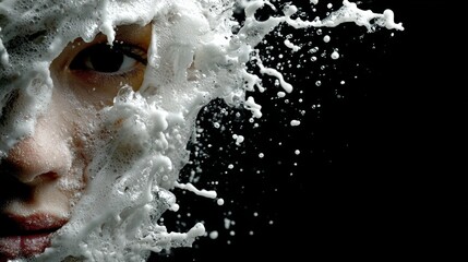 Fototapeta premium Soap suds cover a woman's face as splashing water droplets create a dynamic and refreshing scene against a black backdrop, evoking themes of cleansing, beauty, and skincare