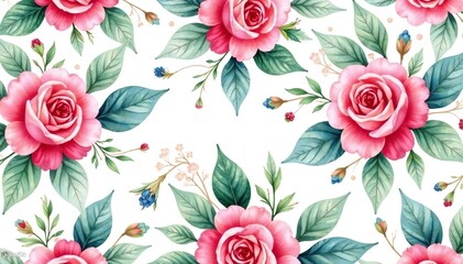 Delicate watercolor roses & leaves, repeat pattern, pink, art