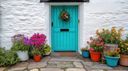 Fototapeta premium Colorful Door with Flower Pots: A Charming Entryway to a Cozy Home