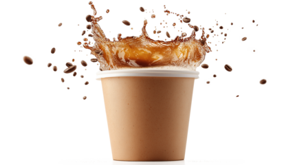 A cup of coffee with a splash of milk and foam on top. The cup is brown and white