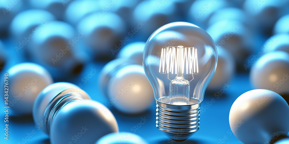 Poster glowing light bulb surrounded by unlit bulbs on blue background generative ai