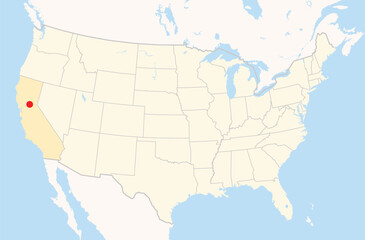 Location Map of the city Rocklin in California, USA. The state is marked orange and the city is highlighted with a red dot. No labels at all.