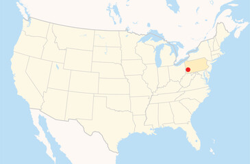 Location Map of the city Pittsburgh in Pennsylvania, USA. The state is marked orange and the city is highlighted with a red dot. No labels at all.