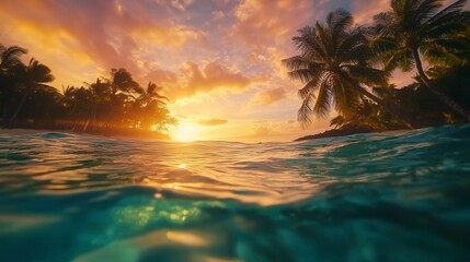 Vibrant sunset over tropical beach with palm trees and clear ocean water.
