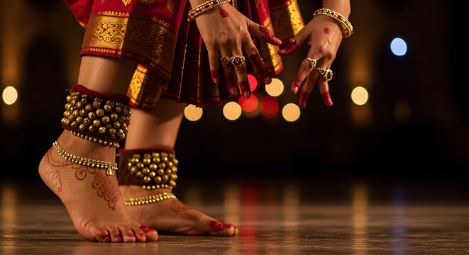 A graceful indian classical dancer's hands and feet are seen during an elegant performance.