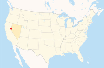Location Map of the city Reno in Nevada, USA. The state is marked orange and the city is highlighted with a red dot. No labels at all.