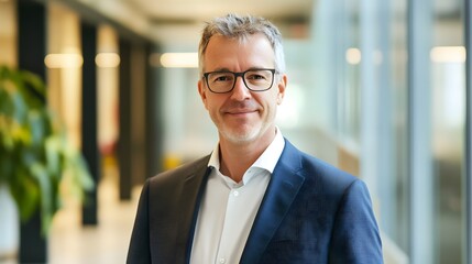 Confident Businessman Portrait: A friendly, middle-aged man with short graying hair and glasses smiles confidently while wearing a navy blue suit and white shirt in a modern office hallway.