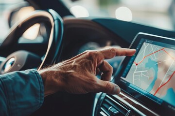 Older man sitting in camper van using gps navigation map system digital device. Smiling mature active traveler driving car vehicle looking at screen touching sensor gadget dashboard, close up view