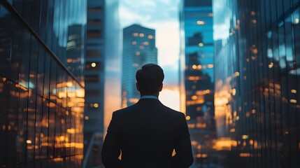 Visionary's Ascent: A silhouette of a business person gazing upon the captivating cityscape, with towering buildings reaching skyward as dusk paints the scene.
