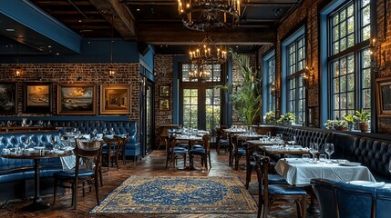 Elegant restaurant interior, tables set, city view