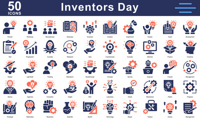 Inventors Day icons featuring innovation, discovery, creativity, machines, patents, and ideas. Great for science, tech, and creative projects.