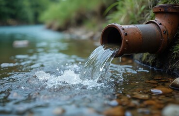 Rusty pipe discharges untreated water natural lake. Water pollution eco concept. Waste sewage drain to nature. Environmental issues. Toxic water discharge. Drain outflow pipe.