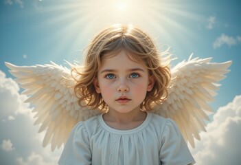 A baby with angel wings and a shining halo looks up, creating an atmosphere of magic and innocence. The image evokes a feeling of kindness, hope and tranquility.