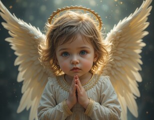 A baby with angel wings and a shining halo looks up, creating an atmosphere of magic and innocence. The image evokes a feeling of kindness, hope and tranquility.
