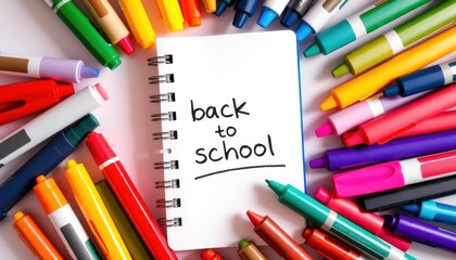 In the center is a postcard with the inscription back to school surrounded by bright markers and pens, creating an atmosphere of readiness for the new school year and inspiration for school days.