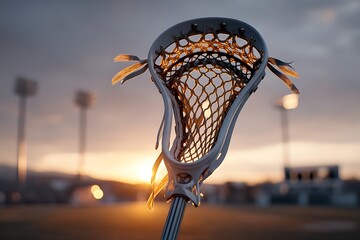 A lacrosse stick with a focus on the mesh pocket and handle, placed against a backdrop of a field with goalposts, illuminated by golden hour light.