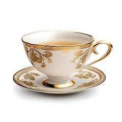 Elegant Tea Cup: A close-up view of a delicate, ornate teacup and saucer, featuring a gilded design and filled with a warm, inviting tea. The image conveys the essence of calm and peace.