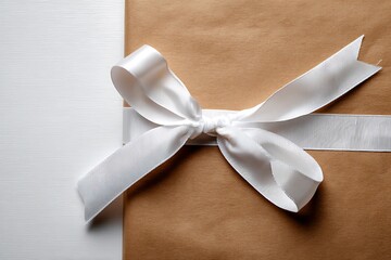 Chic white ribbon on brown paper white background  
