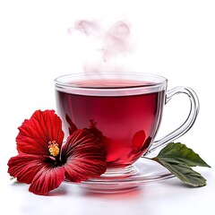 Hibiscus Infusion: A transparent teacup holds a vibrant crimson hibiscus tea, its fragrant steam rising gently, and is accompanied by a blooming hibiscus flower and its leaf.