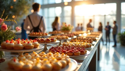 Indoor catering event with dessert buffet. Appetizers, pastries, sweets, tarts on display. Gathering people, business meeting, corporate event, sunny window.