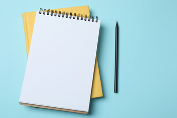 school notebook, pen, spiral notebook on the table. flat lay