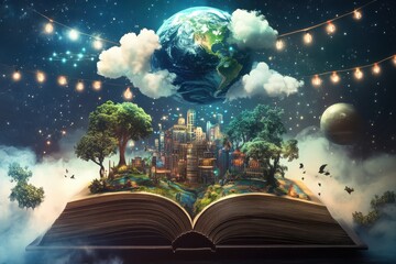 Fantasy world emerging from book on white background