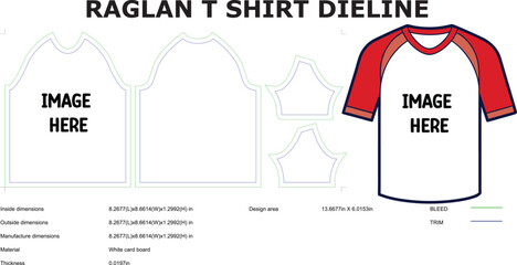 Raglan t shirt dieline template apparel design technical drawing for fashion production and garment industry mockup blueprint with dimensions