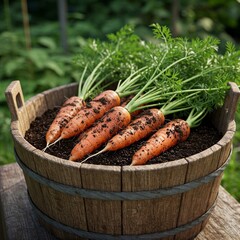 Crunchy carrots in a clay pot, soil details and rustic garden backdrop under diffused daylight.
