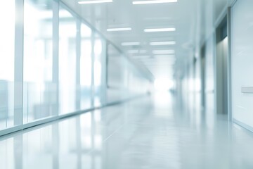 Obraz premium Blurred hallway with light walls and a shiny floor creates a clean modern atmosphere