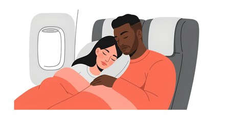 Loving couple sleeping together on airplane seats  