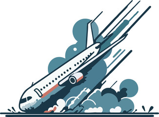 Vector Illustration of Airplane Crashing During Emergency Landing with Smoke and Debris
