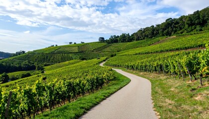 Fototapeta premium Winding Path Through Lush Green Vineyard Hills