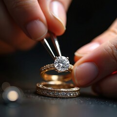 Jeweler carefully places diamond setting with tweezers. Hands secure gem in gold ring mount. Precision craftsmanship in jewellery creation detail. Luxury, elegance, fashion accessory.