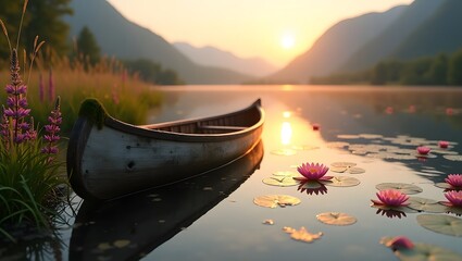Serene lakeside spring scene with wildflowers and abandoned wooden canoe in water lilies