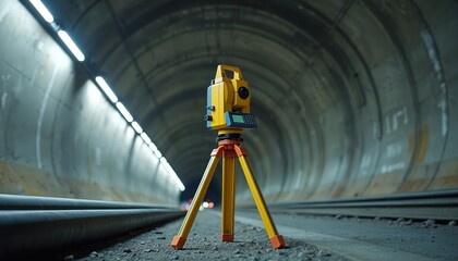 Yellow black total station instrument set up in tunnel. Surveying, data collection for land use, infrastructure construction, civil engineering. Technology for precise measurements, alignment