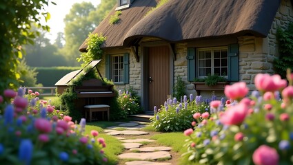 Fototapeta premium A quaint stone cottage in spring, its garden overtaken by flowers and an old grand piano covered in vines.