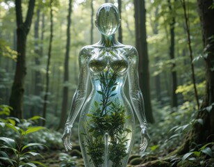 A glass figure of a woman filled with plants stands in the middle of the forest, symbolizing the harmony and unity of man with nature.