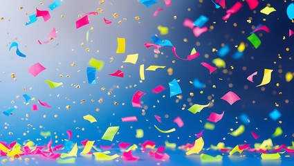 Obraz premium Dynamic shot of multicolored confetti pieces in motion set against a clean and smooth blue gradient background