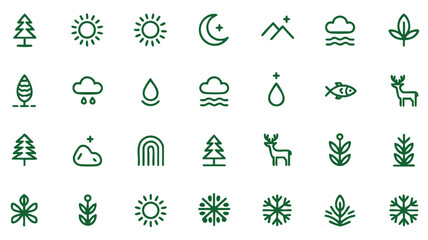 A collection of simple, minimalist line icons in a vibrant green color Nature Elements