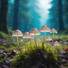 Fototapeta premium Mushrooms on the wet ground among moss and leaves in the forest, covered with raindrops, create a magical atmosphere of freshness and mystery.