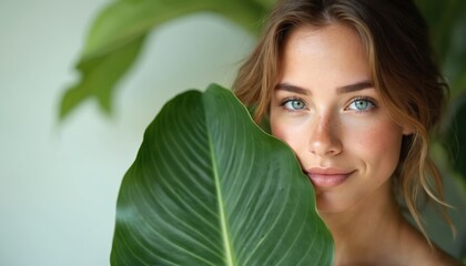 Fototapeta premium Young woman with fresh skin hides behind big green leaf. Portrait of girl with blue eyes smiles. Nature beauty, healthy lifestyle, spa concept. Close-up view of beautiful face with freckles, light