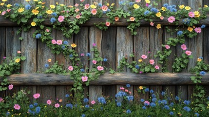 Vibrant Flowers Adorn a Rustic Wooden Fence