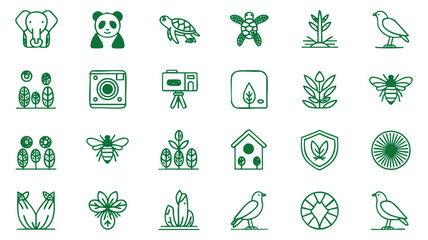A collection of simple, green line icons depicting various elements of nature, including animals (elephant, panda, turtle), plants (trees, flowers, bushes), insects (bee), and birds