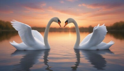 Two majestic swans forming a heart against the backdrop of a picturesque mountain landscape create an atmosphere of deep romance and tenderness.