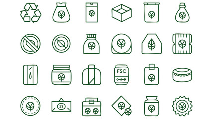 A collection of line art icons, all in a verdant green color, depicting various sustainable packaging and product designs