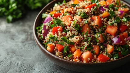 Delicious Quinoa Salad with Tomatoes Red Onion and Parsley in a Bowl