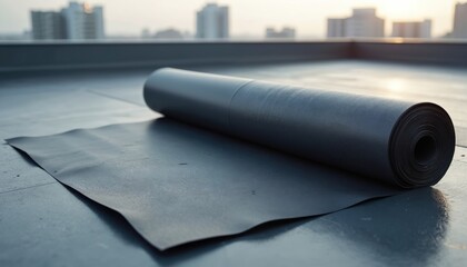 Roll of EPDM roofing membrane flat roof. Waterproof, durable construction material for home improvement. Modern architecture, weather resistance. Innovative roofing techniques in building