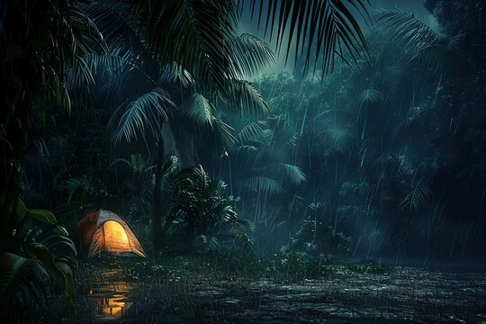 Rainy Night Camp: A tent glows warmly amidst a lush rain-soaked jungle landscape